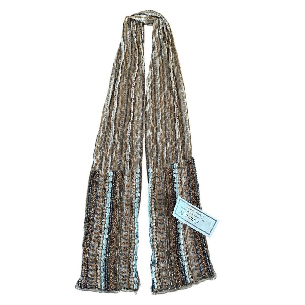 Two's Company Shear Light Beige Beaded‎ and Sequin Scarf Excellent Tags 56 X 5